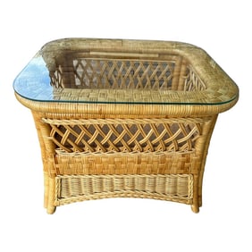 Vintage Woven Rattan Glass Top End Table