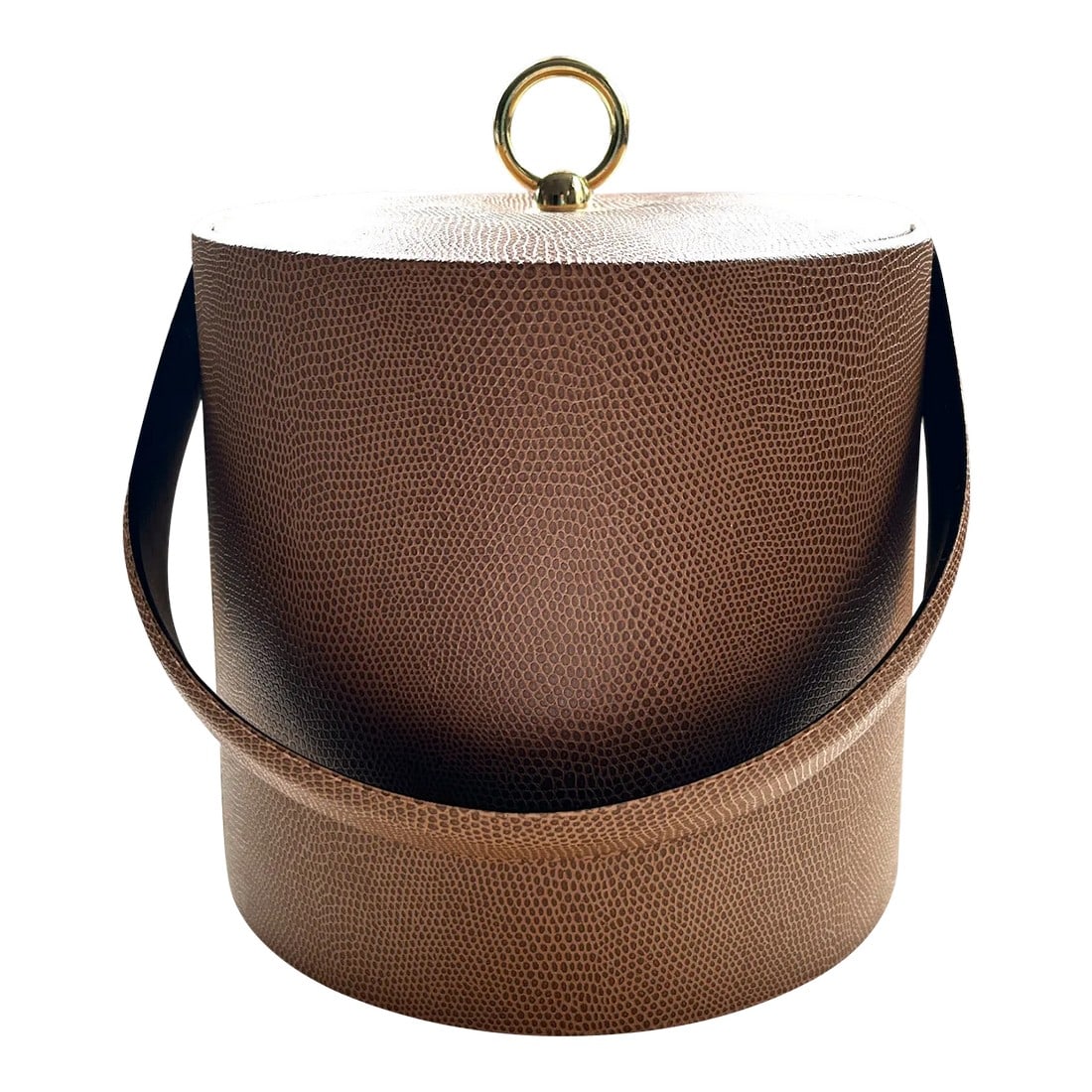 Vintage Georges Briard Faux Snakeskin Ice Bucket in the Style of Hermes: Handsome vintage George Briard brown faux snakeskin ice bucket with gold tone handle in the quiet luxury style of Hermes. Clean interior and becautifully refined exterior. Condition: Alterations: Orig