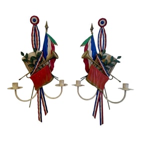 Vintage Mottahedeh French Style Painted Tole & Iron Candle Sconces -A Pair