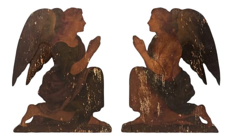 19th Century Italian Painted Wood Angel Plaques - a Pair