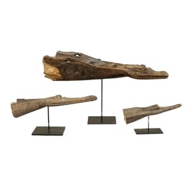 Carved Wood Crocodile Head Boat Prows on Stands, Papua New Guinea - Set of 3