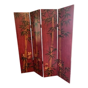 1970s Red Wooden Painted Bamboo Screen