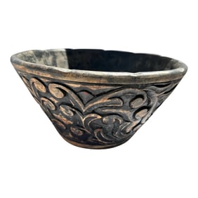 Primitive Style Blackened Carved Wood Bowl