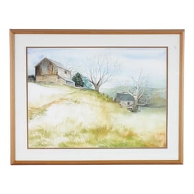 1960s Landscape of a Farm Original Watercolor on Paper Signed Clarissa Johnson, Framed