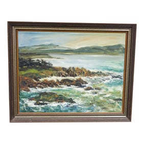 Ocean Landscape Original Oil Painting on Canvas 1965 Signed on the Bottom, Framed