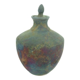 1990s Iridescent Green Raku Perfume Bottle Signed