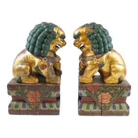 Antique Wooden Painted Quilts Chinese Foo Lions - A Pair