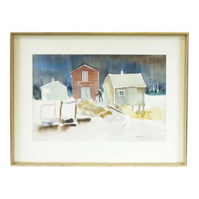 Late 20th Century Snowbound Lobster Man Original Watercolor on Paper Signed