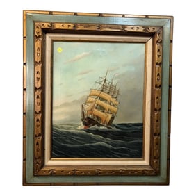 Euripean School Ship at Sea Antique Oil on Canvas Signed on the Bottom