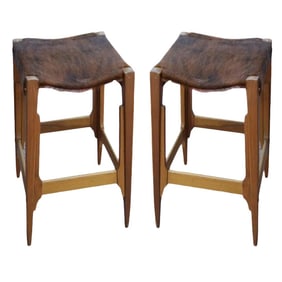 Architectural Frame Cowhide and Wood Barstools - a Pair
