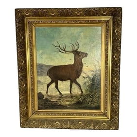 Signed & Dated 1879, Belgian Artist, Charles Boland, Oc Painting of a Stag in Water, Framed