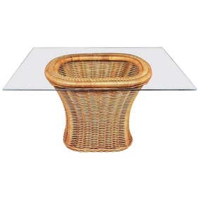 Vintage Organic Modern Woven Wicker Rattan Side or End Table W Rectangular Glass Top