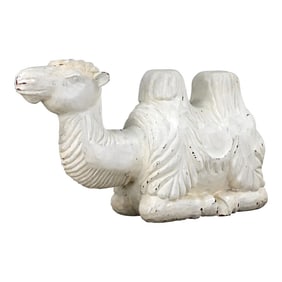 20th Century Figural Carved Solid Wood Resting Camel Sculpture Distressed White Painted Body