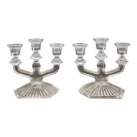 Vintage Glass Candleholder Triple Candelabra, a Pair
