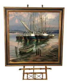 Modern Big Bold Canvas Painting of Harbor Sailboats