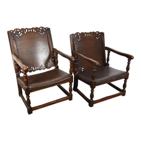 Pair English Antique Jacobean Style Oak Metamorphic Armchairs