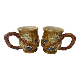 Vintage Set of 2 Majolica Blueberries/Basketweave Mugs