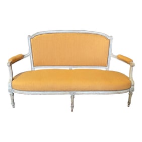 19th Century Louis XVI Painted Carved Wood & Silk Sofa