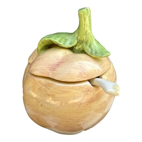 1970s Peach Ceramic Jam Jar With Spoon