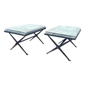 Vintage Iron X Base Blue Suede Benches - a Pair