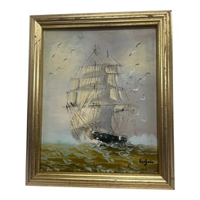 Antique Oil on Canvas Ship at Sea in Antique Gilt Frame