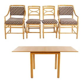 1970 McGuire Rattan Games Flip Top Extension Dining Table and Four Chair Dining Room Set