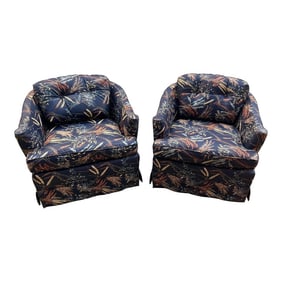 1970s Chanel Inspired Dark Blue Navy Upholstered Wheat Swiveling Chairs - Set of 2