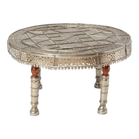 Moroccan Clad White Metal on Wood Round Coffee Table