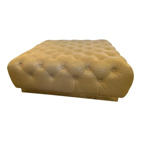Large Plush Beige Tufted Leather Square Ottoman With Chrome Base