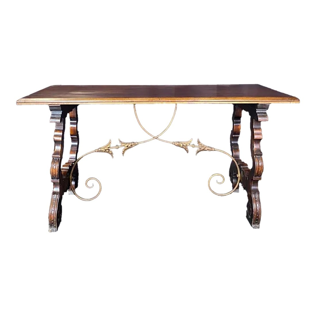 Fratino Spanish Walnut Dining Table With Iron Stretchers: A Spanish dining table, console table or writing desk with stunning wrought-iron stretchers in a wonderful size featuring a sturdy rectangular beautifully beveled top sitting above an exquisite base m