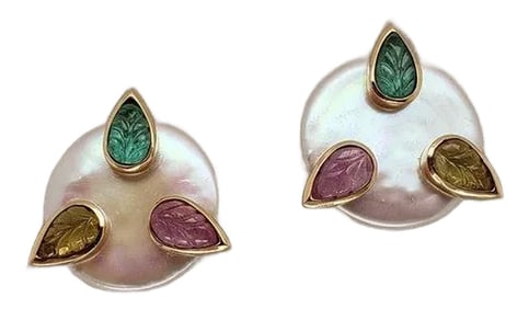 Pair 18k Freshwater Coin Pearls With Emerald, Pink, and Yellow Sapphire Carved Leaves