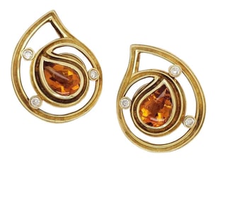 Pair of Havemeyer Gold Paisley With Diamond and Fancy Cut Citrines Earrings