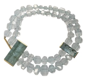 Aquamarine Hexagonal Crystals and Aquamarine Mirror Cut Clasp and Spacer Set in Yellow Gold.