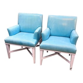 Modern Upholstered Turquoise Faux Python Armchairs -A Pair