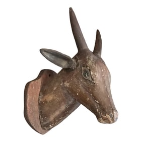 Early 20th Century Ceramic Deer Head on Wood Base, India