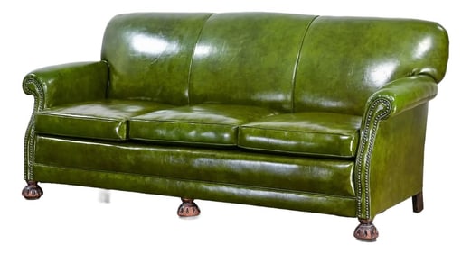 1940-1950's Traditional Green Naugahyde Faux Leather Lawson Club Style Sofa W/Rolled Arms