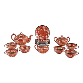 Mid-20th Century Oriental Chinese Red & Gold Hand Painted Porcelain Tea Set Made in Japan