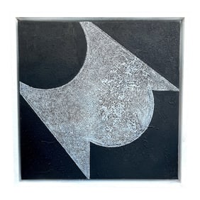 Vintage Modern Black and White Lunar Geometric Abstract Mixed Media Painting in Minimalist White Fra