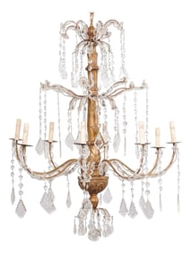 Mid 20th Century Italian Crystal & Wood Column Chandelier