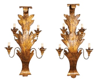 Mid 20th Century Italian Metal 4-Light Sconces in Leaf Motif- Set of 2