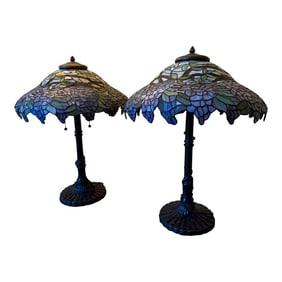 Vintage Pair of Stained Glass "Wisteria" Table Lamps in the Style of Tiffany & Co.