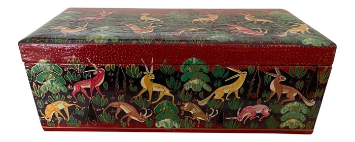 1930s Red and Black Lacquered Paper Mache Box With Hand-Painted Rabbits and Foxes in Hunt Woodland S