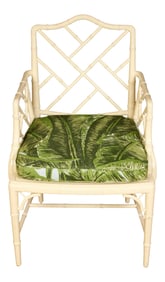 Set of Four White Vintage Bamboo Chairs with Meg Braff Fabric Cushion