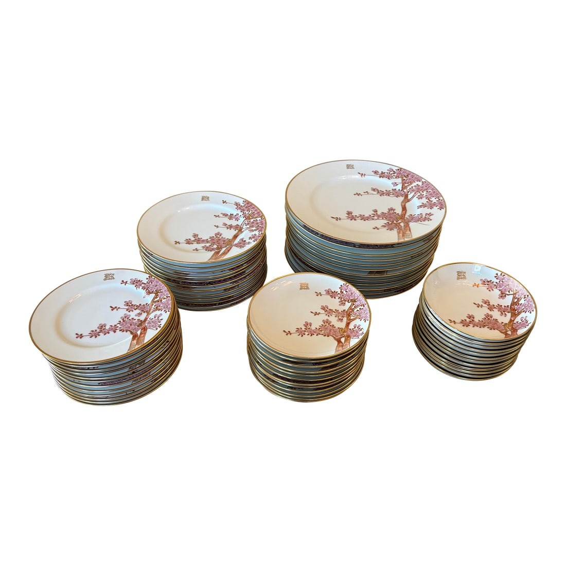 Vintage 72 Piece Dinnerware Set Featuring Hand-Painted Gilded Cherry Blossoms by Soko China: Exquisite vintage fine china set featuring hand-painted gilded Cherry blossoms. The set includes 12 each of the following: dinner plates, salad plates, bread and butter plates, cocktail plates, berry