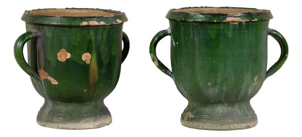 Pair of Mid 20th Century French Green Glazed Terra Cotta Round Urns