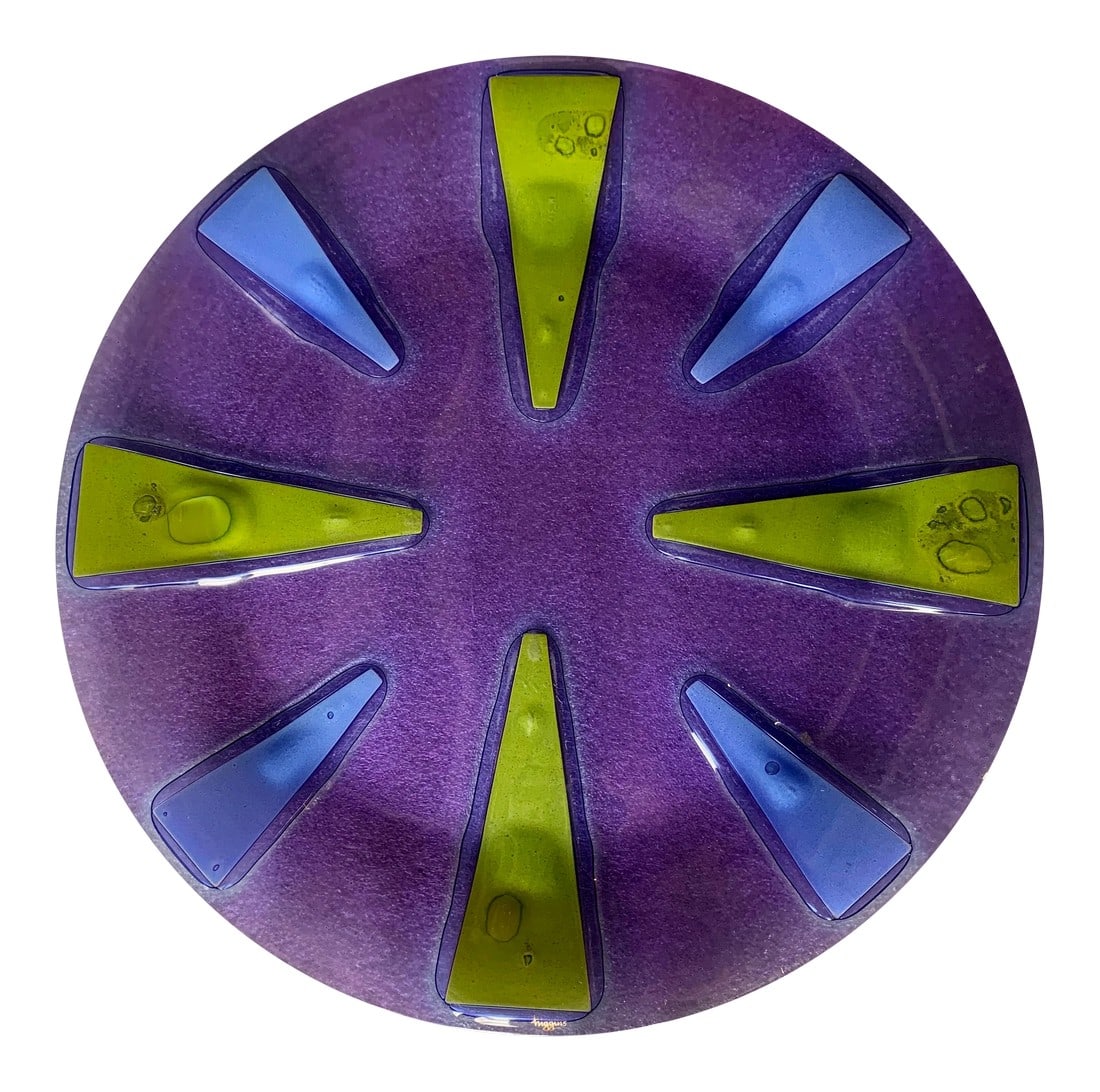 Original Vintage Purple Higgins Art Glass Plate: This vintage SIGNED Higgins art glass is a round large plate with rich and vivid colors. Condition: Alterations: Original Condition Unaltered Imperfections: Some Imperfections Condition Notes: NO dama