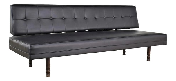 Vintage Mid Century Modern Black Vinyl Faux Leather Convertible Sofa by Universal of High Point