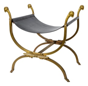 French Curule Bronze Ram Heads & Black Leather Stool Attributed to Maison Jansen