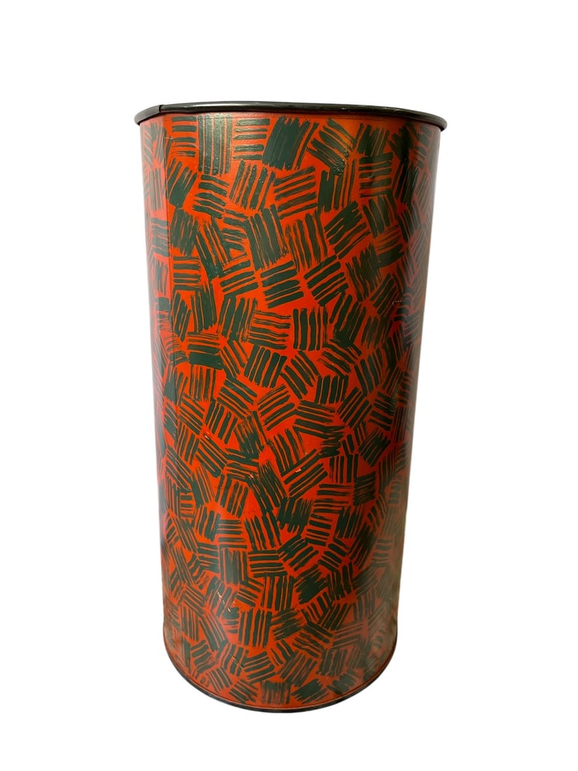 Vintage David Hicks Style 1960s Abstract Pattern Umbrella Stand, Red & Green-Black Graphic Mid-Centu: Eye-catching vintage umbrella stand, featuring a vivid abstract pattern in red-orange and deep forest green, nearly black. The dynamic brushstroke-style motif creates a bold, almost Op Art effect"R