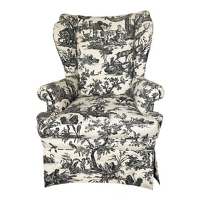 1990s Vintage French Toile 'Amerique, L'Asie' Custom Wingback Swivel Armchair
